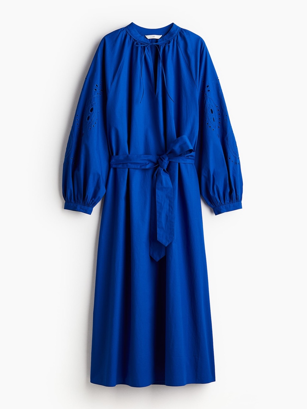 H&M Cobalt Blue Long-Sleeve Maxi Dress Broderie Anglaise Eyelet detail NO BELT